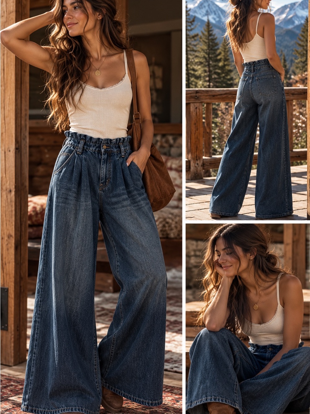 We The Free Dark Blue High-Rise Paperbag Wide-Leg Jeans